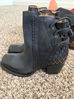 Freebird Women's Black Leather Ankle Boots with Woven Heel Detail